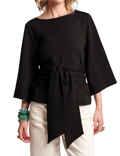 ZOCPEONY Women's Waist Belted Blouse Crew Neck 3/4 Trumpet Sleeve