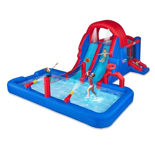 Sunny & Fun Ultra All-Play Inflatable Water Slide Park &ndash; Heavy-Duty for Outdoor Fun - Climbing Wall, Slides, Bounce House, Volley Net, Hoop, Deep Pool &ndash; Inflate w/Included Air Pump & Carrying Case