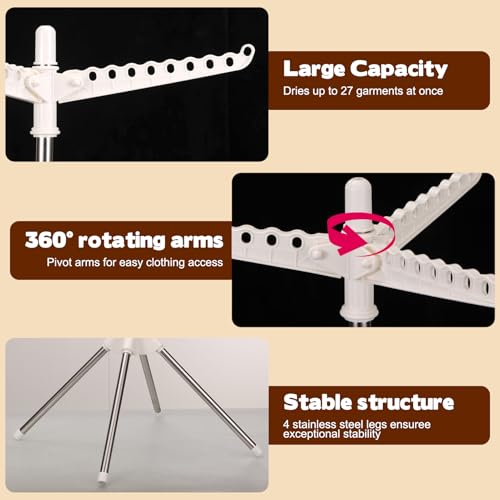 WAKCCIL Rotatable and Foldable Clothes Drying Rack 59 Inch Laundry Drying Tree with 27 Hanging Holes, Space-Saving 4-Legged Free Standing Hanger Stand for Indoor, Balcony and Laundry Room by WAKCCIL - Used condition - Image 4
