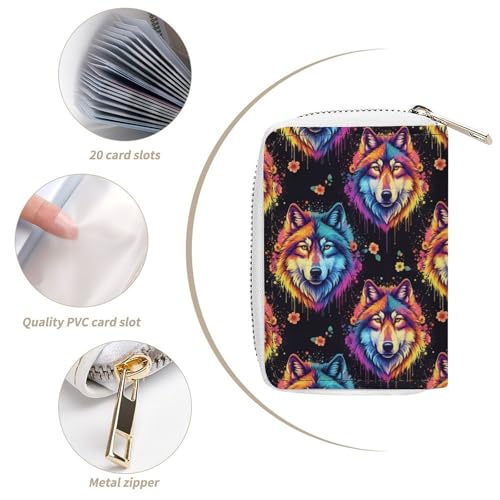 Pu Leather Zipper Slim Wallet Bag for Women, Cool Wolf Flower Art Credit Card Holder Organizer with 20 Card Slots Portable Mini Purse4