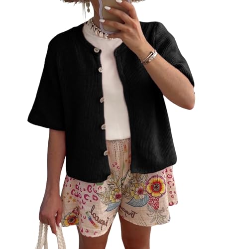 Image of Women Knitted Crop Cardigan Blouse Short Sleeve Button Down Sweater Shirt Y2k Open Front Cardigan Top Streetwear