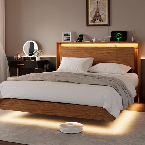 Bed Frame Queen Size with LED Lights & Charging Station – Kids Wood Floating Queen Bed Frame with Storage Headboard, Adhesive Slats, Kick-Free & Noise-Free Design, Easy Assembly, Walnut