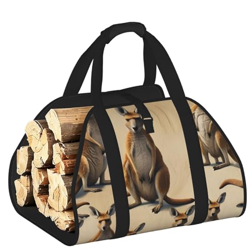 Sac de transport de bois de chauffage imprimé kangourou zoo en toile robuste pour bûches