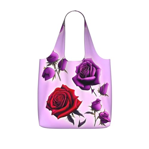 CNTDBU Bolsa de compras plegable ligera y reutilizable con diseño de rosas rojas y moradas para comestibles, mochila de viaje de 25 litros con cordón para el trabajo y el gimnasio