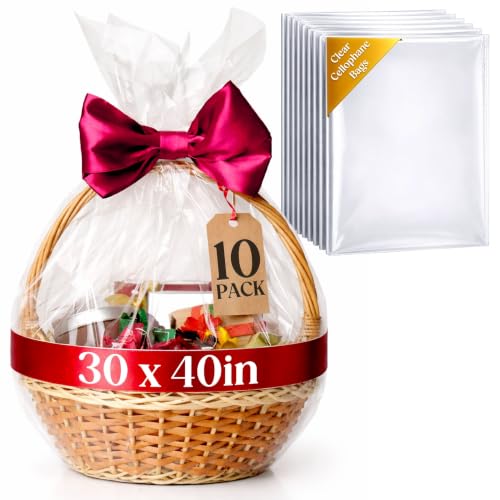 volila 10 Pack Extra Large Cellophane Bags 30x40 Inches, Clear Cellophane Bags for Gift Baskets, Cellophane Wrap for Large Gifts, Florist, Food Packaging