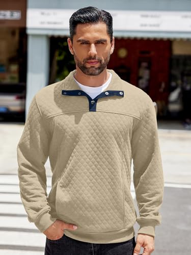 Coofandy Men'S Quarter Zip Sweatshirt Quilted Mock Neck Casual Long Sleeve Stand Collar Pullover Light Coffee thumb #1
