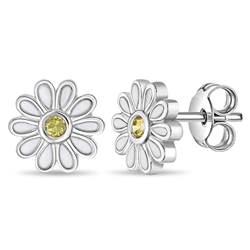 925 Sterling Silver Yellow Cubic Zirconia White Enamel Daisy Flower Earrings for Young Girls and Preteens 10mm - Gorgeous and Delicate Petite Daisy Earrings for Little Girls