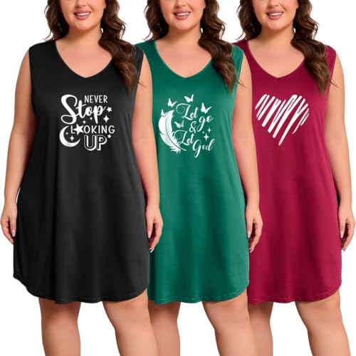 FEREMO 3 Pack Plus Size Nightgowns for Women Tank Sleeveless V Neck Sleep Shirts Printed Soft Night...