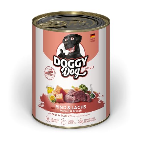 DOGGY Dog Paté Mix 1, 6 x 800 g, Nassfutter für Hunde im Probierpaket, getreidefreies Hundefutter mit Lachsöl und Grünlippmuschel, Alleinfuttermittel mit hohem Fleischanteil, Made in Germany