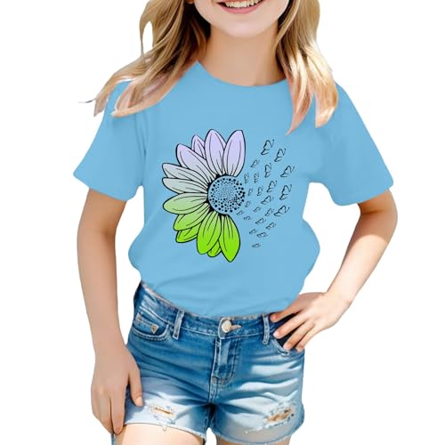 Girls Loose Fit Sunflower Graphic T Shirts Short Sleeve Crewneck Cute Pattern Printed Tops (D-Sky Blue, 12-13 Years)3