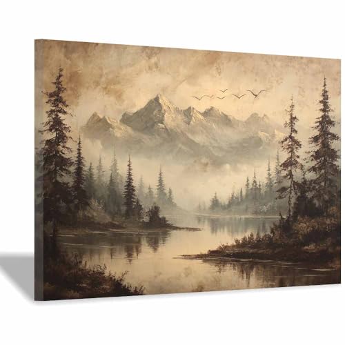Décoration murale pour chambre cadre montagne et lac bronze antique 70x100