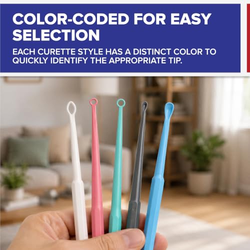 Image of American Hospital Supply Disposable Ear Curettes, Ear Wax Removal Tools, 5 Color-Coded Tip Styles for Adults and Children, Pack of 75 or 15 of Each Tip Style