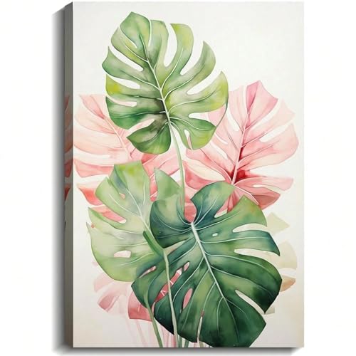 Peinture murale botanique feuilles vertes et roses affiche toile bohème 40x60cm