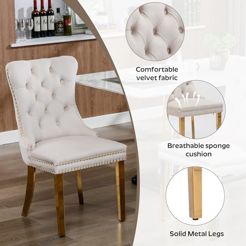 Image of 5-Piece Dining Table Set with 47In Faux Marble Table and 4 Velvet Upholstered Chairs, Modern Scandinavian Furniture for Dining Room Kitchen(Beige&Gold)