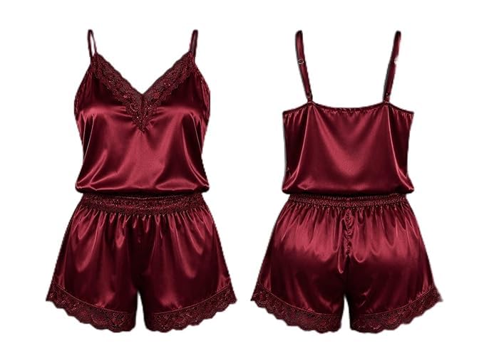Women Satin Night Suit Co-ord Set, Maroon-image-13