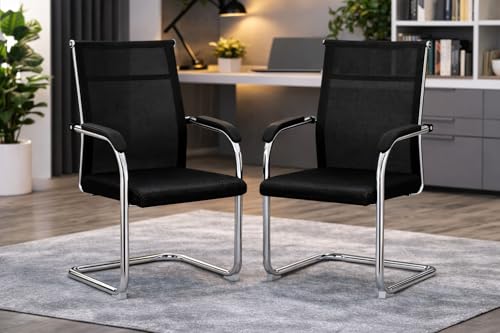 Image of MLU Black Mesh Visitor Chairs Set of 2 - Ergonomic Guest Office Chair with Breathable Mesh Back, Soft Cushion Seat, Chrome Cantilever Frame, Comfortable Armrests - Modern Reception Chair (Black)
