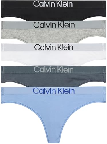Calvin Klein Women's 5 Pack Thongs with Logo Waistband, Multicolor (Black/White/Grey Heather/Frozen Fio), L