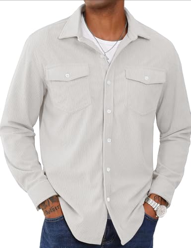 COZYPOIN Men's Corduroy Shirt Jacket Long Sleeve Button Up Casual Work Shacket with Flap Pockets3