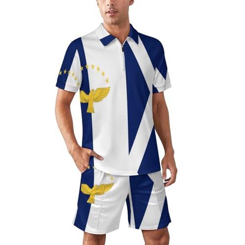 Azore Scotland Flag Men's Tracksuits Summer Polo Shirt & Shorts 2-Piece Set Half-Zip T-Shirt and Pants S