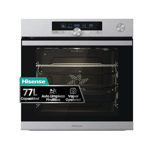 Hisense BSA66334PX Horno Pirolítico con Vapor 100% + Función Freidora de Aire sin Aceite, Gran Capacidad 77L,Cocción Simultanea 5 Niveles, ventilador XXL, Pizza mode 300º, Puertas removibles Inox
