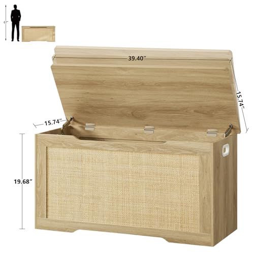 usikey 39.4” Storage Chest, Toy Box with 2 Safety Hinges, Rattan Storage Bench with Storage, Toy Chest for Bedroom, Shoe Bench, Supports 220 lb, for Living Room, Entryway, Natural