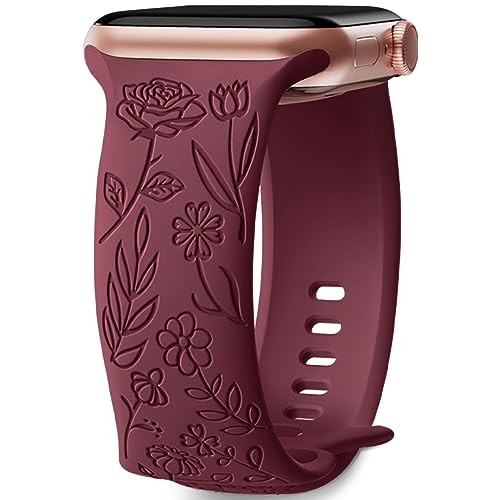 Mastten Flores Tallada Correas Compatible con Correas Apple Watch 42mm 44mm 45mm 49mm, Elegante Patrón Rosa Correas de Suave Silicona para iWatch SE/Ultra Series 9 8 7 6 5 4 3 2 1, Vino Rojo