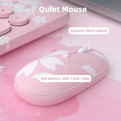 Mytrix Sakura Wireless Keyboard and Mouse Combo, Cute Pink Retro Typewriter Round Keys, 2.4G USB & Typc-C Receiver Slim Keyboard Mouse Set with Numeric Keypad for Computer, Laptop, Desktops, PC, Mac