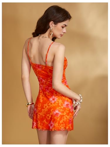 Image of Floerns Women's Summer Spaghetti Strap Cowl Neck Satin Mini Tropical Dress