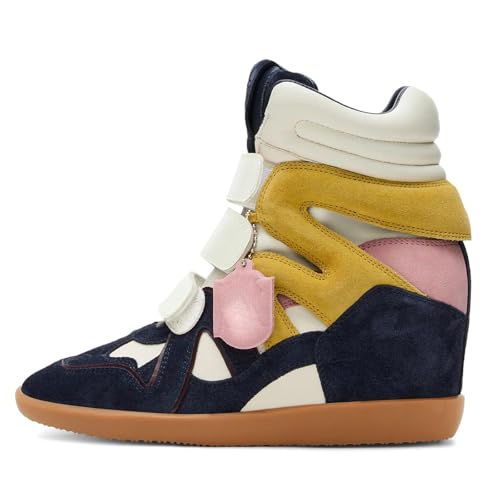 Image of Dsevht Hidden Wedge Sneakers for Women High Top Fashion Sneaker Suede High Heel Platform Tennis Triple Strappy Band Casual Vintage Dressy Comfy Campus Trendy Retro Sneaker