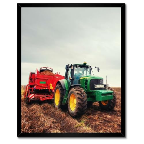 Poster tracteur labourant le champ sous cadre blanc 40 x 50 cm H9744Z
