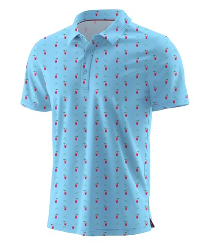 QIXING Sommer-Golf-Poloshirt für Herren, feuchtigkeitsableitend, bedruckt, kurzärmelig, schnell trocknend, für Herren, lässiges Golf-Oberteil, Blauer Weinbecher, M