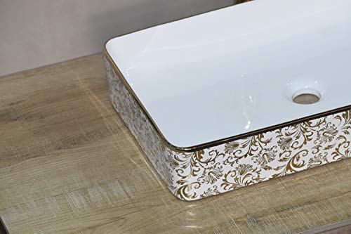 Image of InArt Designer Ceramic Polished, Premium, Rectangle Shape Table Top Wash Basin for Bathroom (Golden floral, 24 x 14 x 4.5 Inch)