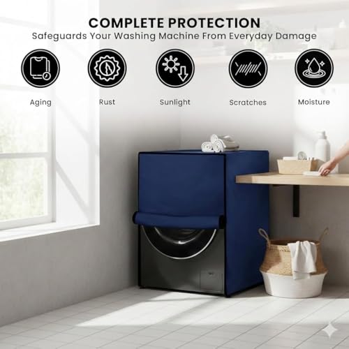 Image of AMAZOR Front Load Fully Automatic Washing Machine Cover for 8 Kg, 8.5 Kg, 9 Kg, 9.5 (Navy Blue) | Waterproof & Dustproof Polyester Fabric with Zipper | Protection Cover | 63 x 63 x 93 cms