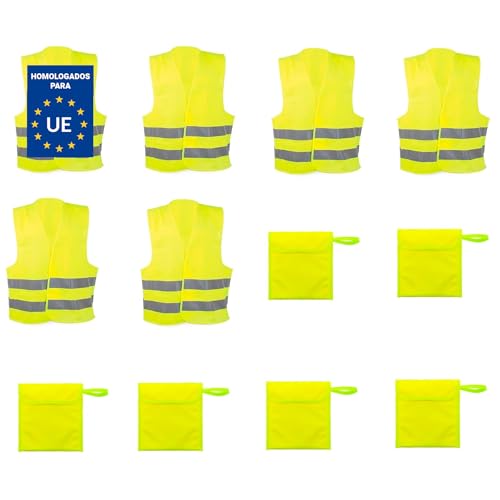 Chalecos reflectantes amarillos homologados para coche: pack de 6 unidades con fundas