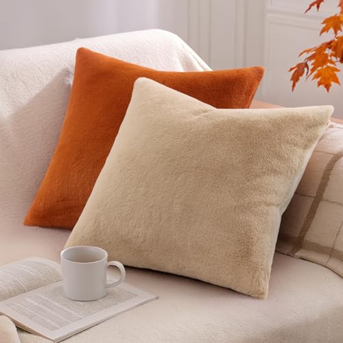 Pallene Faux Fur Plush Lumbar Fall Throw Pillow Covers 12x20 Set of 2, Soft Fluffy Couch Pillow Covers for Living Room, Rust