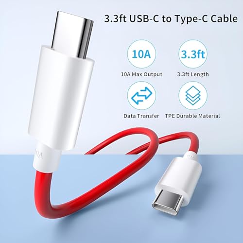 Image of Original 65W Type C to C Charger with Red Cable Compatible with One Plus 12R /12 /11R /11 /10 Pro /10 /10t /10R /9rt /9 Pro|Ce 4 /Ce 3 /Ce 2 / Ce 4 Lite /Ce3 lite /Nord 3 /2 /2T
