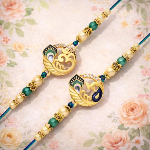 Image of Riddhika Ventures Glorious Gold Plated Auspicious Diamond Ring Rakhi (Set of 2) with Roli Chawal and Greeting Card