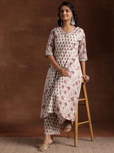 Image of Libas Printed Cotton A-Line Kurta With Palazzo