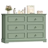 hefoths Chest of Drawers, 120cm Wide Dresser for Bedroom with 6 Drawers, Sideboard Storage Cabinet with Metal Ring Pulls, for Bedroom Living Room, Green 120×39.5×84cm