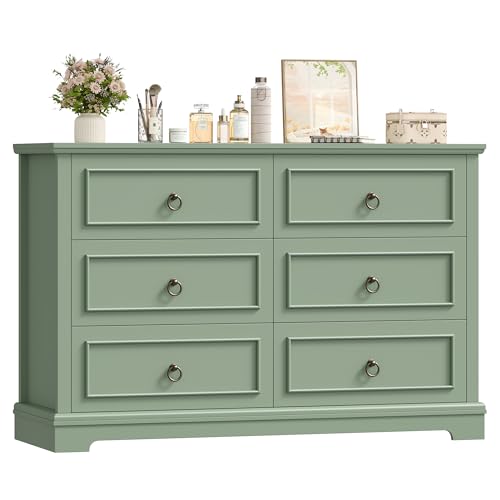 hefoths Commode à 6 Tiroirs, 120 cm Large Commode Chambre Adulte avec Grain de Bois et Poignées en Bronze, Buffet Meuble de Rangement Chambre pour Salon,...