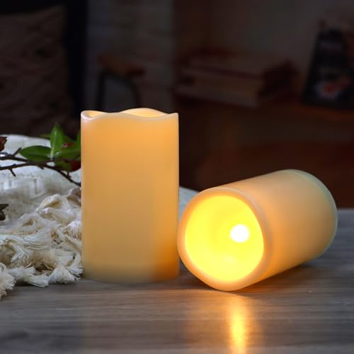 Image of CANDLE CHOICE Waterproof Outdoor Battery Operated Flameless Candles with Remote Timer Plastic Flickering Fake Electric LED Pillars for Lantern Garden Wedding Christmas Decorations 3x5 Inches 3 PCS