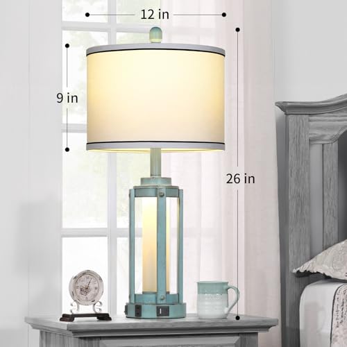 Farmhouse Lamps Set of 2, 26" Vintage Rustic Industrial Beside Lamps with USB A+C Charging Ports & AC Outlet, Nightstand Metal Lamp with LED Night Light & Fabric Shade for Living Room Bedrooms Blue by Lolikit - Image 2