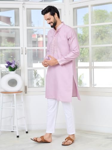 Image of See Designs Men's Full Sleeve Mandarin Collar Sequins Embroidered Chanderi Straight Long Kurta with Yoke Design - Festive Collection