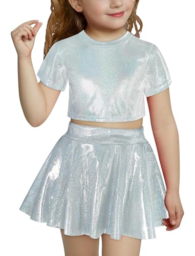 Image of Girls Metallic Sparkly Crop Top and Ruffle Mini Skirt Rave Party Jazz Dance Circus Performance Outfit