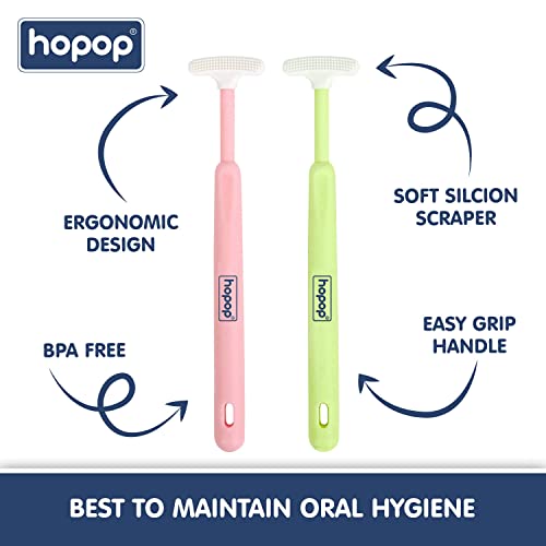 Image of Hopop Tongue Cleaner for Baby | Tender Baby Oral Cleaner Toothbrush with Silicone Scraper | Suitable from 6+ Months | 100% Safe Kids Tongue Cleaner | Pack of 2 | Pink & Green