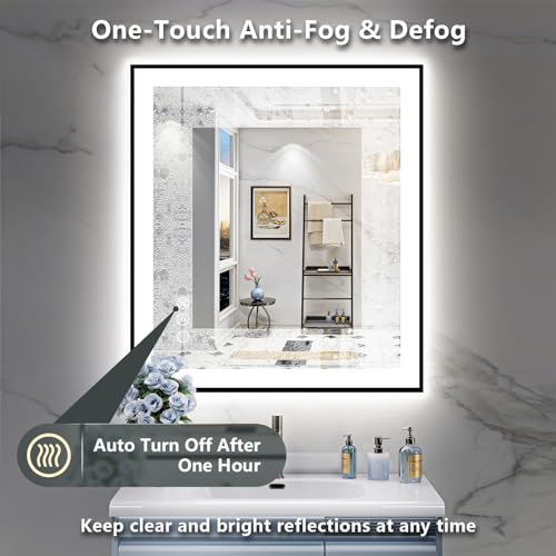 Image of 32x36 Black LED Bathroom Mirror Backlit & Front Lit Lighted Mirror | Anti-Fog Vanity Mirror with Lights, 3 Color Dimmable, Memory, Shatter-Proof, Tempered Glass, CRI95, UL Listed, Wall Mounted
