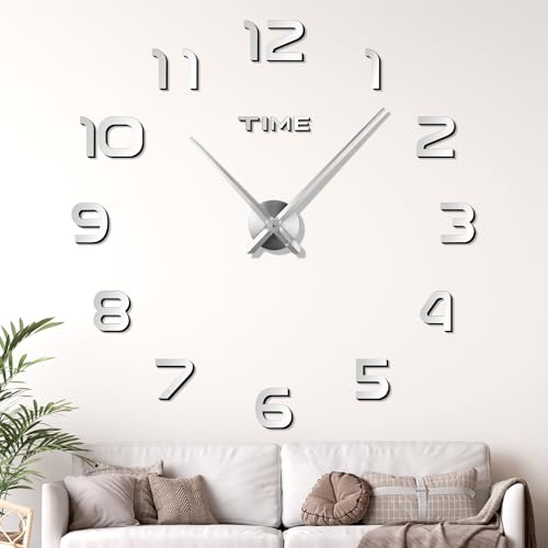 JIZZU 3D Reloj De Pared Grande, DIY Reloj Pareds Digital, Reloj de Pared Silencioso, Reloj Cocina Pared Original, Moderno, Decoración Ideal para Sala de Estar, Dormitorio, Cocina, Oficina, Silver