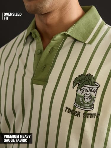 Image of The Souled Store Popeye: Tough Stuff Men and Boys Short Sleeve Spread Collar Light Green Striped Embroidered Cotton Breathable Lightweight Oversized Polos