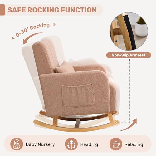 Image of HCHAIRH Rocking Nursery Chair with Ottoman, Upholstered Glider Rocker with High Backrest and Side Pocket, Comfy Reading Chair with Solid Wood Legs for Nursery, Living Room,Bedroom Coffee