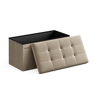 SONGMICS MAZIE Collection – 43 Inches Folding Storage Ottoman Bench, Ottoman Foot Rest, End of Bed Bench, Storage Chest, Load 660 lb, for Living Room, Bedroom, Entryway, Camel Brown ULSF077R01